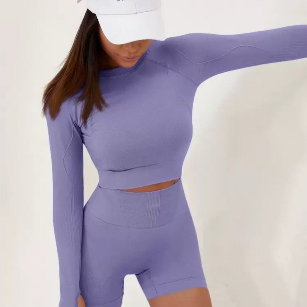 Purple Long Sleeve Crop Top and Shorts Set